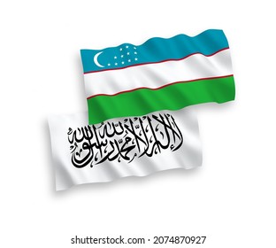 National vector fabric wave flags of Taliban and Uzbekistan isolated on white background. 1 to 2 proportion.