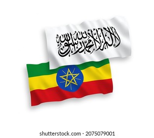 National vector fabric wave flags of Taliban and Ethiopia isolated on white background. 1 to 2 proportion.