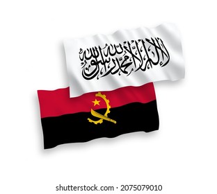 National vector fabric wave flags of Taliban and Angola isolated on white background. 1 to 2 proportion.