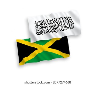 National vector fabric wave flags of Taliban and Jamaica isolated on white background. 1 to 2 proportion.