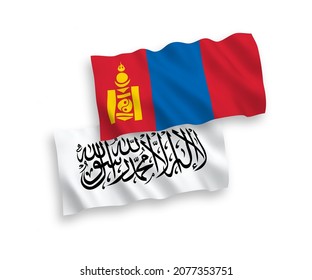 National vector fabric wave flags of Taliban and Mongolia isolated on white background. 1 to 2 proportion.
