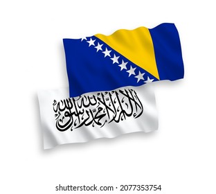 National vector fabric wave flags of Taliban and Bosnia and Herzegovina isolated on white background. 1 to 2 proportion.