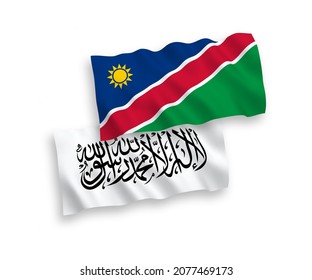 Banderas de olas de tela vectorial nacional de los talibanes y la República de Namibia aisladas en fondo blanco. de 1 a 2.