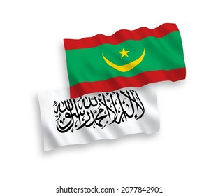 Nationale Vektor-Wellen-Flaggen der Taliban und der Islamischen Republik Mauretanien einzeln auf weißem Hintergrund. 1 bis 2 %.