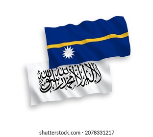 National vector fabric wave flags of Taliban and Republic of Nauru isolated on white background. 1 to 2 proportion.