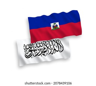 National vector fabric wave flags of Taliban and Republic of Haiti isolated on white background. 1 to 2 proportion.