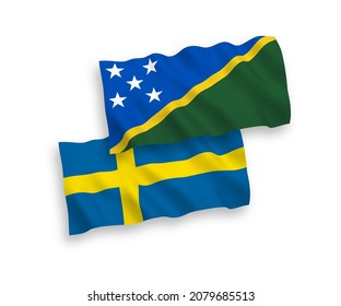 National vector fabric wave flags of Sweden and Solomon Islands isolated on white background. 1 to 2 proportion.