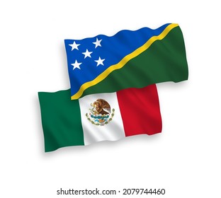 National vector fabric wave flags of Mexico and Solomon Islands isolated on white background. 1 to 2 proportion.