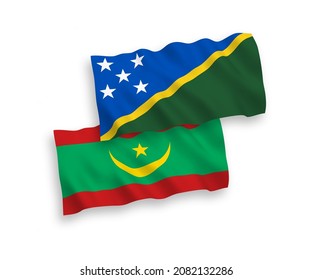 Banderas de olas de tela vectorial nacional de las Islas Salomón y la República Islámica de Mauritania aisladas en fondo blanco. de 1 a 2.
