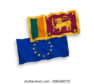 National vector fabric wave flags of European Union and Sri Lanka isolated on white background. 1 to 2 proportion.