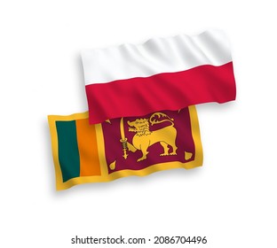 National vector fabric wave flags of Sri Lanka and Poland isolated on white background. 1 to 2 proportion.