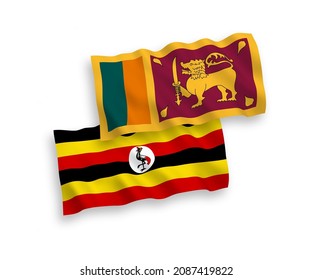 National vector fabric wave flags of Sri Lanka and Uganda isolated on white background. 1 to 2 proportion.
