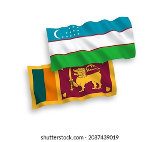 National vector fabric wave flags of Sri Lanka and Uzbekistan isolated on white background. 1 to 2 proportion.