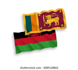 National vector fabric wave flags of Sri Lanka and Malawi isolated on white background. 1 to 2 proportion.