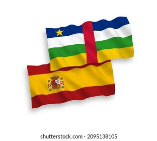 National vector fabric wave flags of Central African Republic and Spain isolated on white background. 1 to 2 proportion.