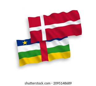 National vector fabric wave flags of Denmark and Central African Republic isolated on white background. 1 to 2 proportion.