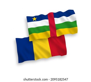 National vector fabric wave flags of Romania and Central African Republic isolated on white background. 1 to 2 proportion.
