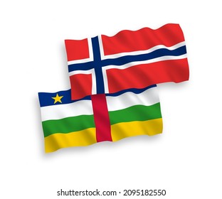 National vector fabric wave flags of Norway and Central African Republic isolated on white background. 1 to 2 proportion.