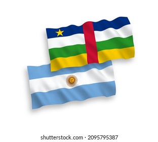 National vector fabric wave flags of Central African Republic and Argentina isolated on white background. 1 to 2 proportion.