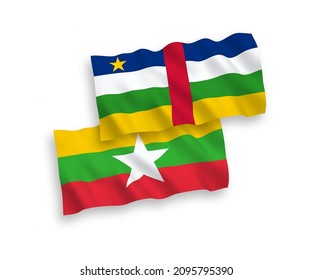 National vector fabric wave flags of Central African Republic and Myanmar isolated on white background. 1 to 2 proportion.