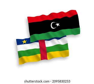 Banderas de olas de tela vectorial nacional de la República Centroafricana y Libia aisladas en fondo blanco. de 1 a 2.