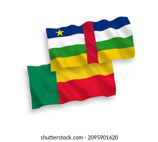 National vector fabric wave flags of Central African Republic and Benin isolated on white background. 1 to 2 proportion.