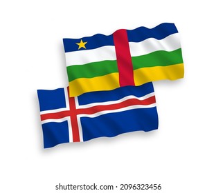 National vector fabric wave flags of Central African Republic and Iceland isolated on white background. 1 to 2 proportion.