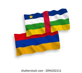 Banderas de olas de tela vectorial nacional de la República Centroafricana y Armenia aisladas en fondo blanco. de 1 a 2.