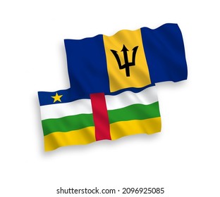 National vector fabric wave flags of Central African Republic and Barbados isolated on white background. 1 to 2 proportion.