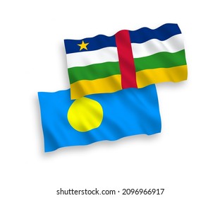 National vector fabric wave flags of Central African Republic and Palau isolated on white background. 1 to 2 proportion.