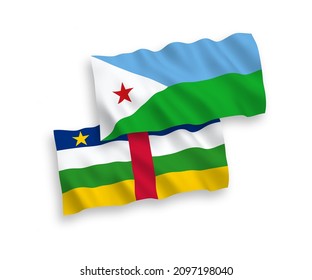 National vector fabric wave flags of Central African Republic and Republic of Djibouti isolated on white background. 1 to 2 proportion.