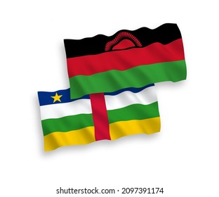 National vector fabric wave flags of Central African Republic and Malawi isolated on white background. 1 to 2 proportion.