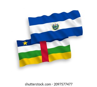 National vector fabric wave flags of Central African Republic and Republic of El Salvador isolated on white background. 1 to 2 proportion.