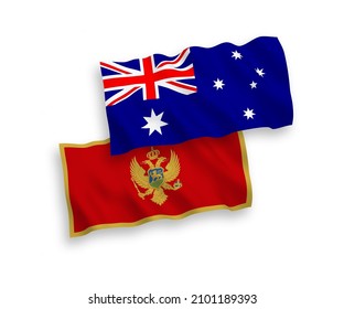 National vector fabric wave flags of Australia and Montenegro isolated on white background. 1 to 2 proportion.