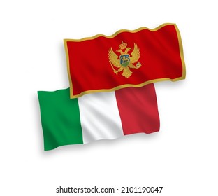 National vector fabric wave flags of Italy and Montenegro isolated on white background. 1 to 2 proportion.
