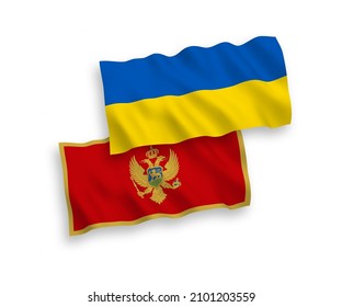 National vector fabric wave flags of Montenegro and Ukraine isolated on white background. 1 to 2 proportion.