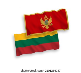 National vector fabric wave flags of Lithuania and Montenegro isolated on white background. 1 to 2 proportion.