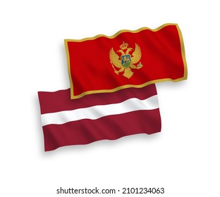 Banderas de olas de tela vectorial nacional de Letonia y Montenegro aisladas en fondo blanco. de 1 a 2.