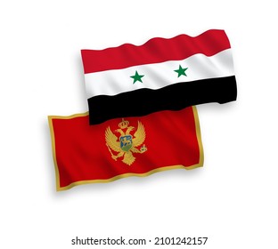 National vector fabric wave flags of Montenegro and Syria isolated on white background. 1 to 2 proportion.