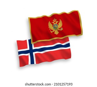 Nationale Vektor-Wellen-Flaggen Norwegens und Montenegros einzeln auf weißem Hintergrund. 1 bis 2 %.
