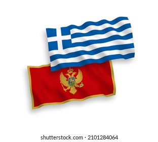 National vector fabric wave flags of Greece and Montenegro isolated on white background. 1 to 2 proportion.