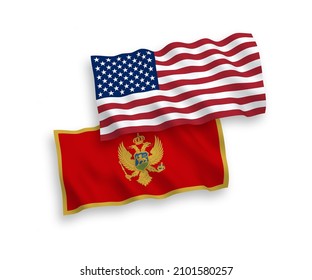 Banderas de olas de tela vectorial nacional de Montenegro y Estados Unidos aisladas en fondo blanco. de 1 a 2.