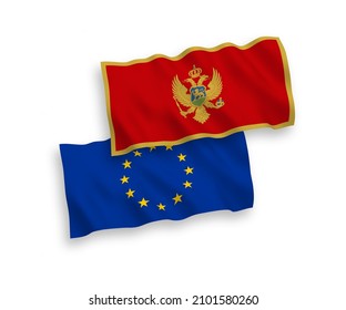 Banderas de olas de tela vectorial nacionales de la Unión Europea y Montenegro aisladas en fondo blanco. de 1 a 2.