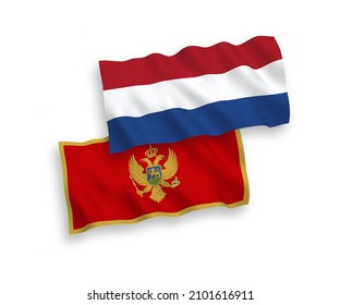 National vector fabric wave flags of Montenegro and Netherlands isolated on white background. 1 to 2 proportion.