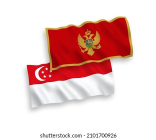 Nationale Vektor-Wellen-Flaggen von Montenegro und Singapur einzeln auf weißem Hintergrund. 1 bis 2 %.