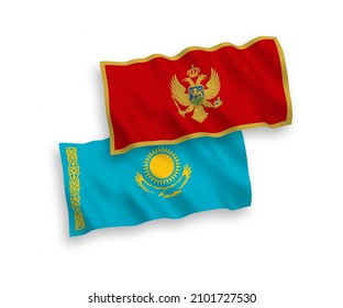 National vector fabric wave flags of Kazakhstan and Montenegro isolated on white background. 1 to 2 proportion.
