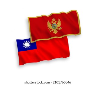 National vector fabric wave flags of Montenegro and Taiwan isolated on white background. 1 to 2 proportion.