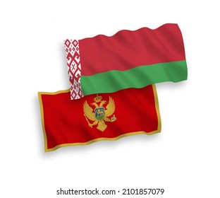National vector fabric wave flags of Montenegro and Belarus isolated on white background. 1 to 2 proportion.
