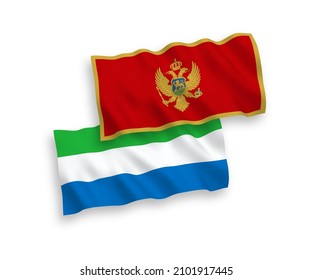 National vector fabric wave flags of Montenegro and Sierra Leone isolated on white background. 1 to 2 proportion.