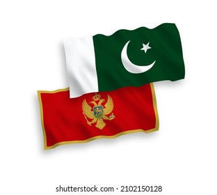 National vector fabric wave flags of Montenegro and Pakistan isolated on white background. 1 to 2 proportion.